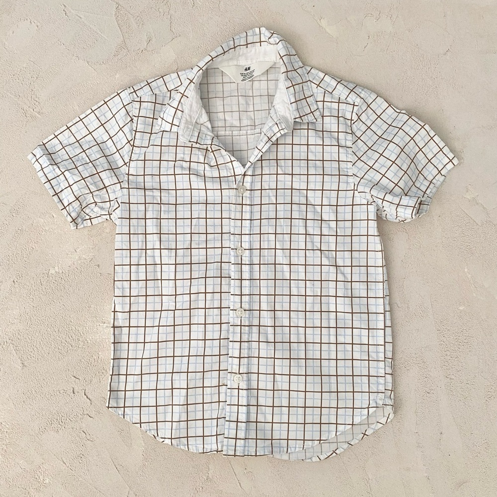 H&M boys White shirt with brown and blue windowpane stripes
